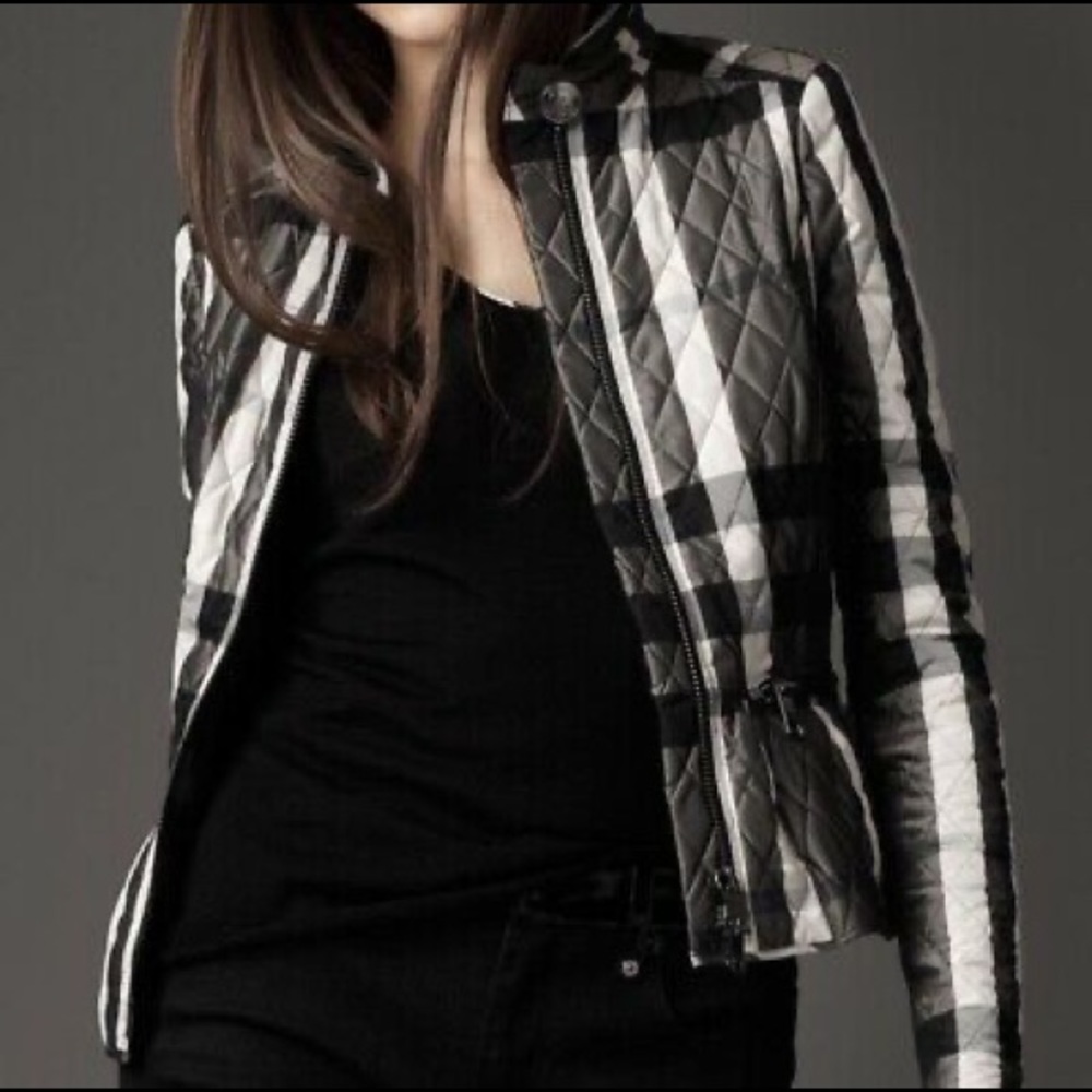Burberry Black Check Quilted Peplum Jacket Size 4